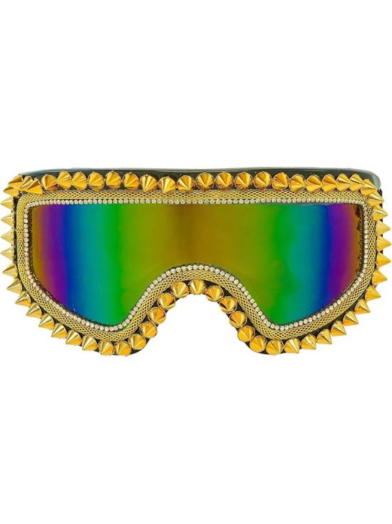Óculos de sol espelhados com tachas e strass – Prata ou dourado – Acessório para carnaval e festivais