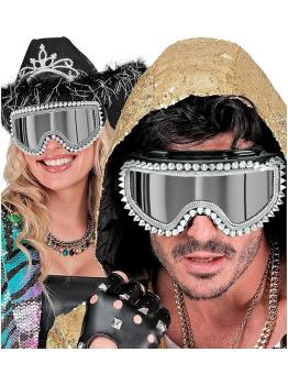 Óculos de sol espelhados com tachas e strass – Prata ou dourado – Acessório para carnaval e festivais