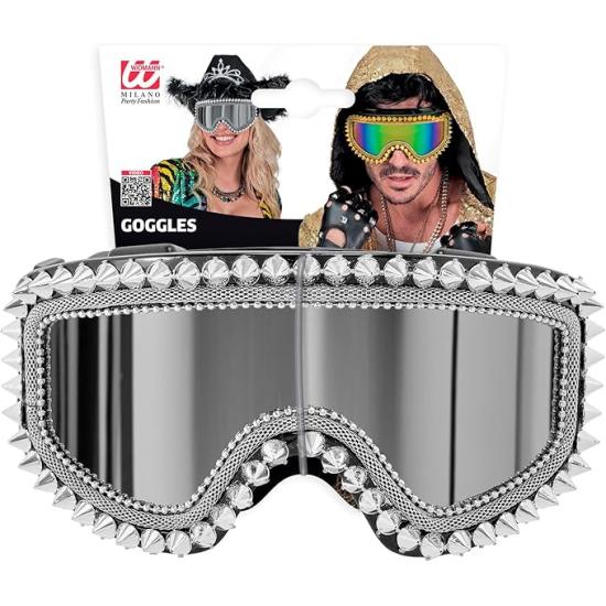 Óculos de sol espelhados com tachas e strass – Prata ou dourado – Acessório para carnaval e festivais