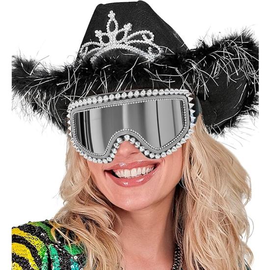 Óculos de sol espelhados com tachas e strass – Prata ou dourado – Acessório para carnaval e festivais