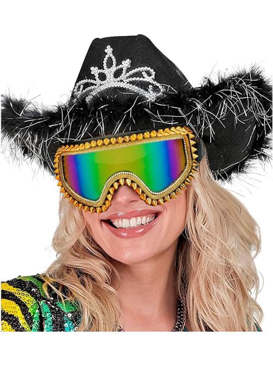 Óculos de sol espelhados com tachas e strass – Prata ou dourado – Acessório para carnaval e festivais