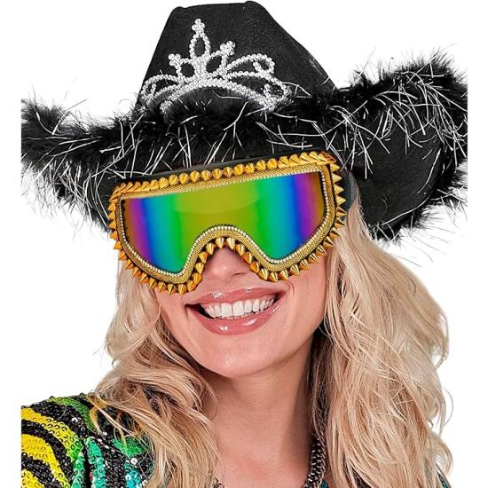 Óculos de sol espelhados com tachas e strass – Prata ou dourado – Acessório para carnaval e festivais