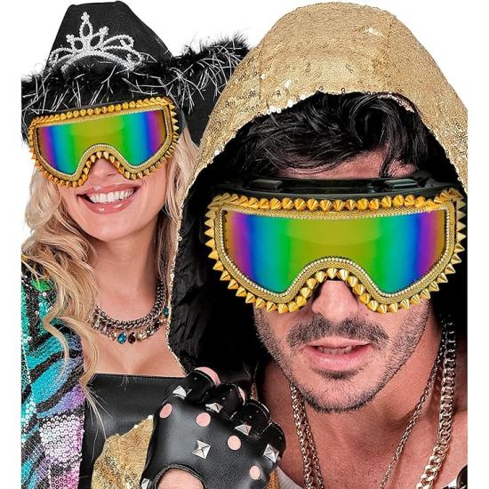 Óculos de sol espelhados com tachas e strass – Prata ou dourado – Acessório para carnaval e festivais