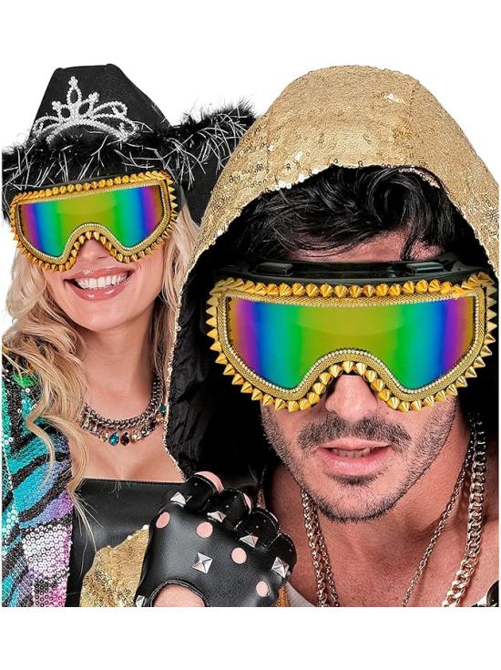 Óculos de sol espelhados com tachas e strass – Prata ou dourado – Acessório para carnaval e festivais