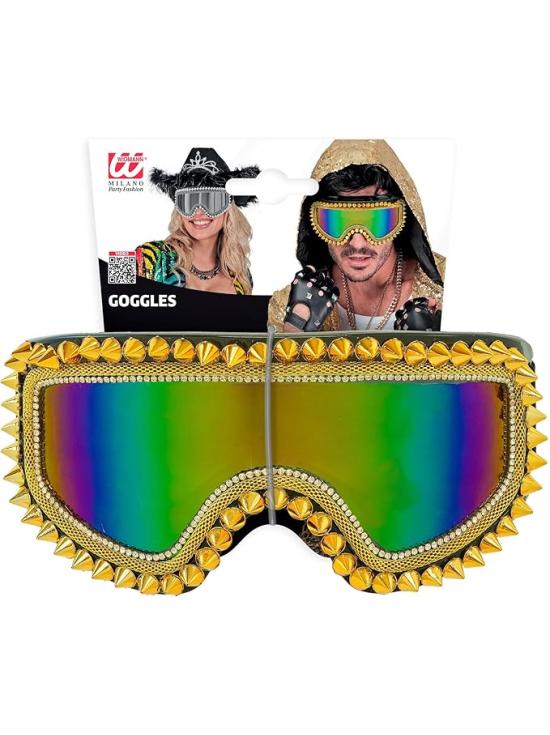 Óculos de sol espelhados com tachas e strass – Prata ou dourado – Acessório para carnaval e festivais