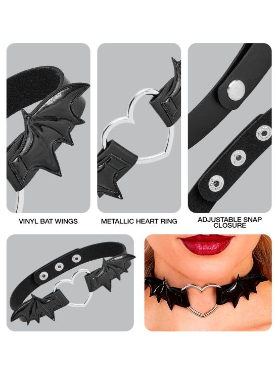 Gargantilha em formato de coração com asas de morcego – Colar preto para o Halloween e looks punk