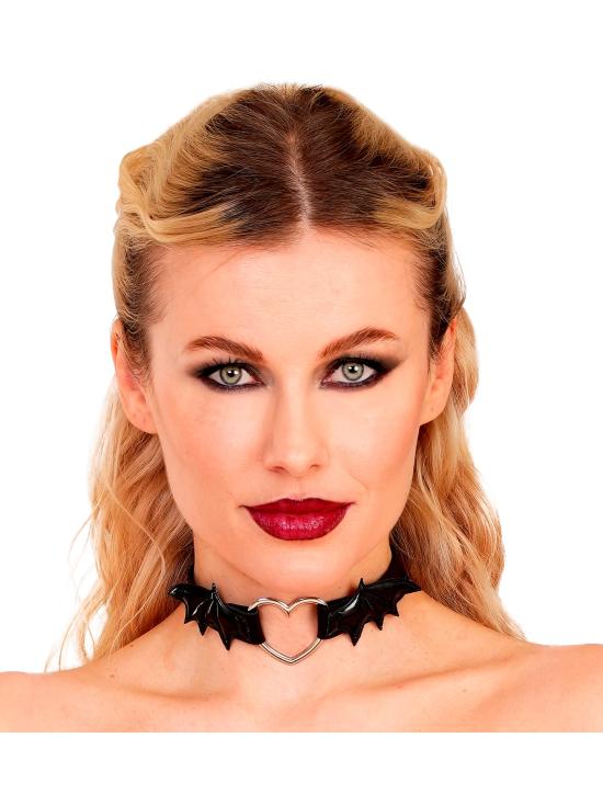 Gargantilha em formato de coração com asas de morcego – Colar preto para o Halloween e looks punk