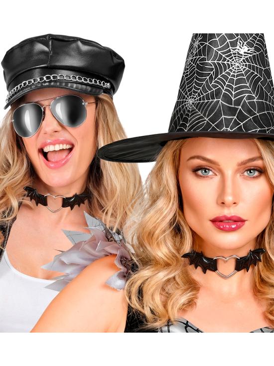 Gargantilha em formato de coração com asas de morcego – Colar preto para o Halloween e looks punk