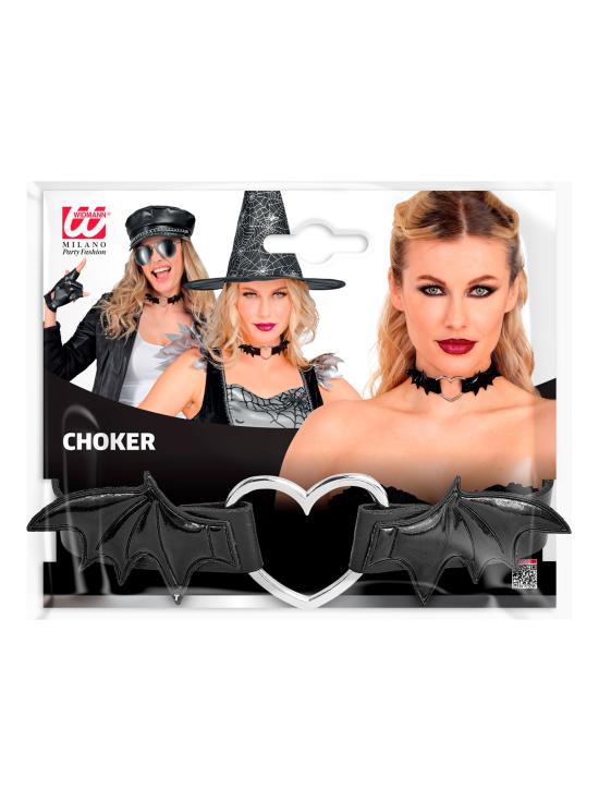 Gargantilha em formato de coração com asas de morcego – Colar preto para o Halloween e looks punk