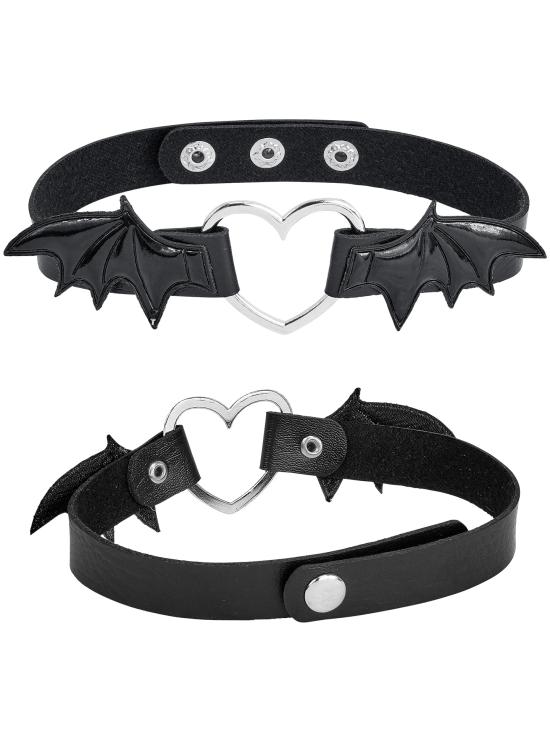 Gargantilha em formato de coração com asas de morcego – Colar preto para o Halloween e looks punk