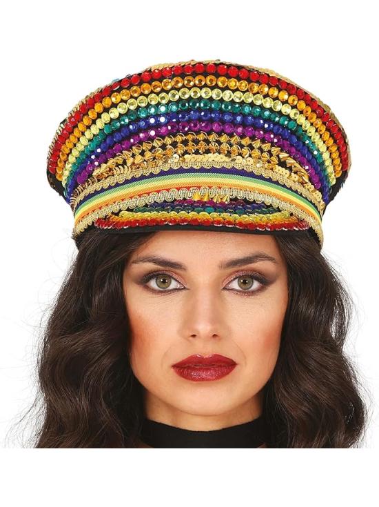 Boné de polícia multicolorido com strass – acessório de fantasia para festas de orgulho e comemorações