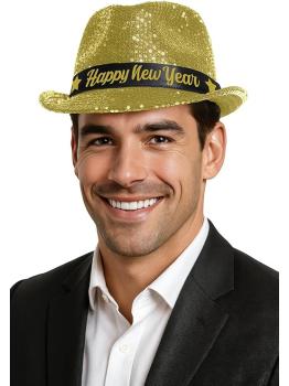 Feliz Ano Novo! Chapéu de gângster com lantejoulas douradas