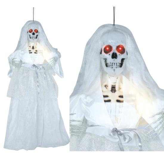 Boneca de noiva esqueleto de Halloween com luz e som 90 cm