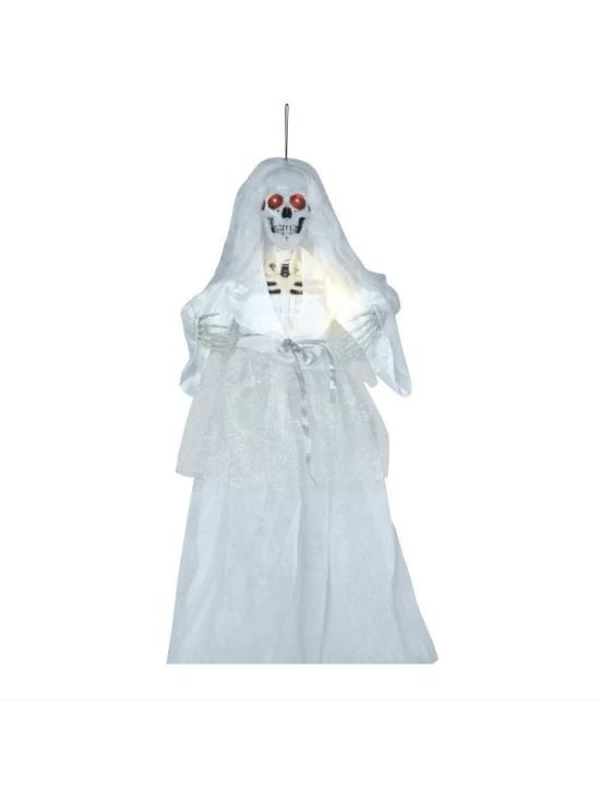 Boneca de noiva esqueleto de Halloween com luz e som 90 cm