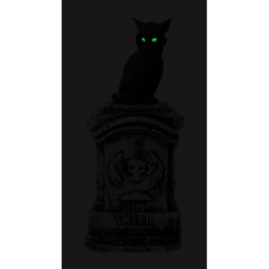 Lápide com Gato Luminoso e Sonoro (90x40 cm) - Decoração de Halloween para Festas e Comemorações - Ideal para Ambientes Aterrorizantes e Cenários Assustadores - Cinza e Preto