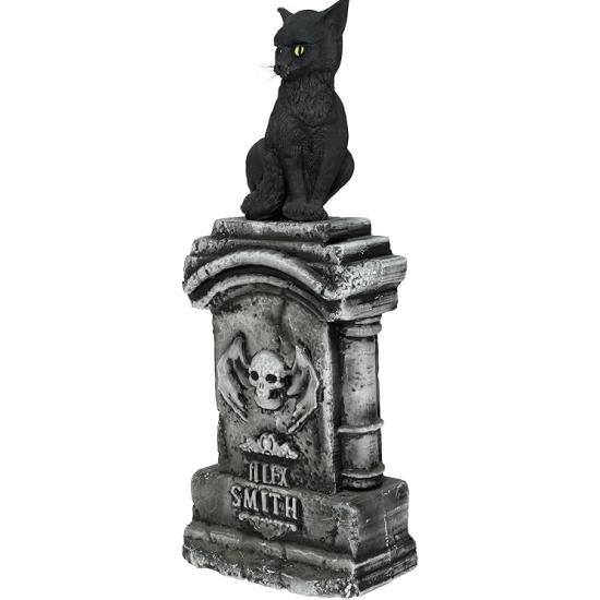 Lápide com Gato Luminoso e Sonoro (90x40 cm) - Decoração de Halloween para Festas e Comemorações - Ideal para Ambientes Aterrorizantes e Cenários Assustadores - Cinza e Preto