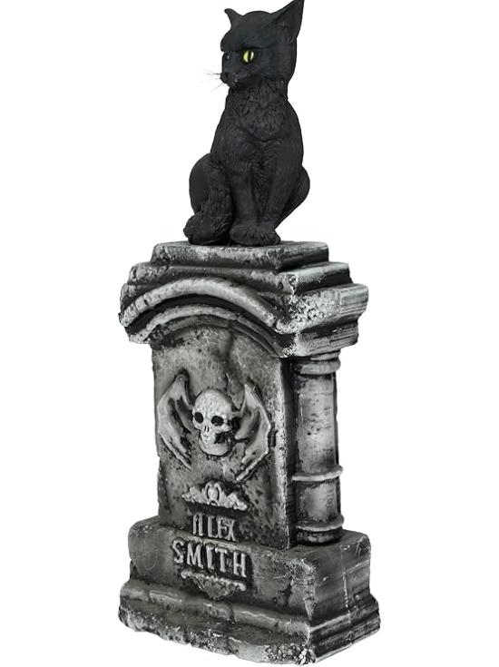 Lápide com Gato Luminoso e Sonoro (90x40 cm) - Decoração de Halloween para Festas e Comemorações - Ideal para Ambientes Aterrorizantes e Cenários Assustadores - Cinza e Preto