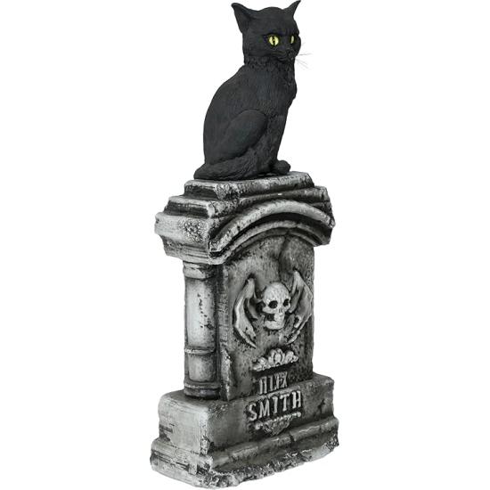 Lápide com Gato Luminoso e Sonoro (90x40 cm) - Decoração de Halloween para Festas e Comemorações - Ideal para Ambientes Aterrorizantes e Cenários Assustadores - Cinza e Preto