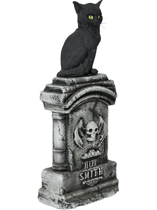 Lápide com Gato Luminoso e Sonoro (90x40 cm) - Decoração de Halloween para Festas e Comemorações - Ideal para Ambientes Aterrorizantes e Cenários Assustadores - Cinza e Preto