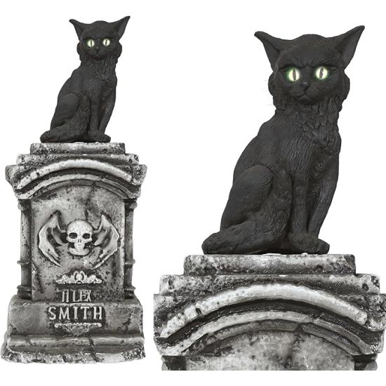 Lápide com Gato Luminoso e Sonoro (90x40 cm) - Decoração de Halloween para Festas e Comemorações - Ideal para Ambientes Aterrorizantes e Cenários Assustadores - Cinza e Preto
