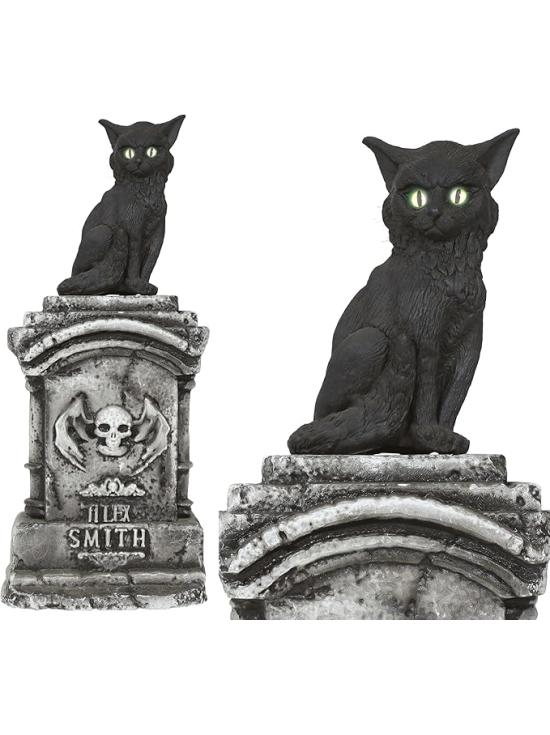 Lápide com Gato Luminoso e Sonoro (90x40 cm) - Decoração de Halloween para Festas e Comemorações - Ideal para Ambientes Aterrorizantes e Cenários Assustadores - Cinza e Preto