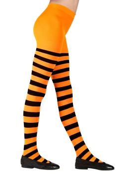 Meia-calça listrada laranja e preta.