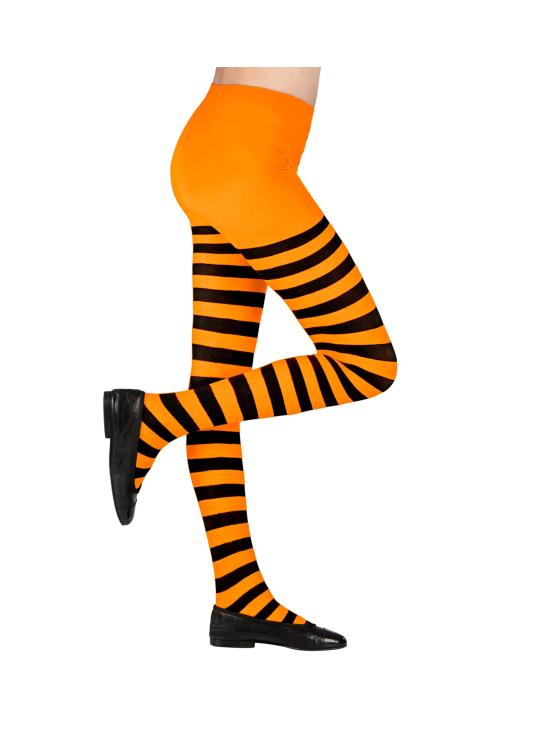 Meia-calça listrada laranja e preta.