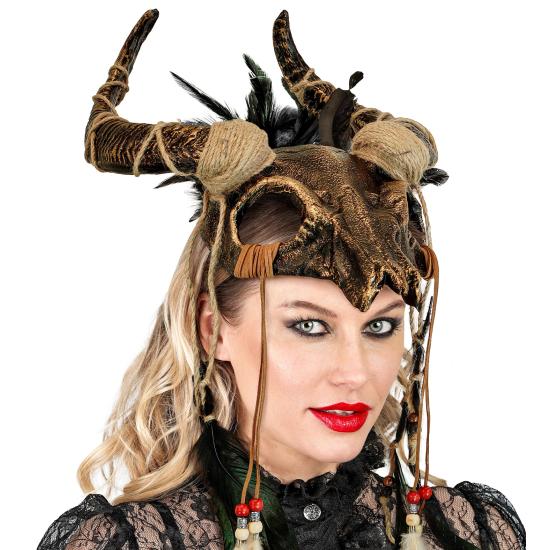 Máscara de caveira de touro xamã com penas