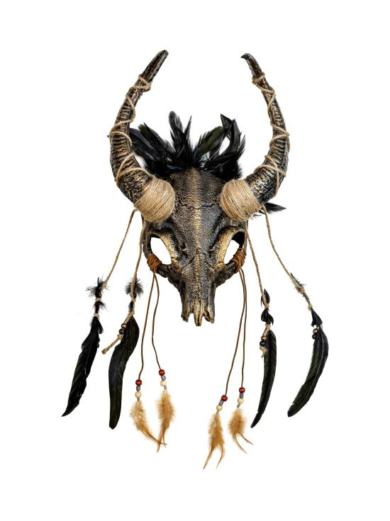 Máscara de caveira de touro xamã com penas