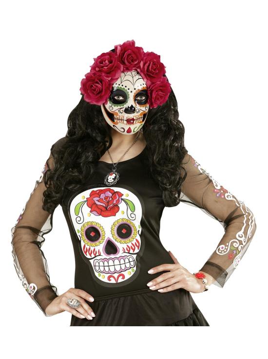 Máscara do Dia de Los Muertos decorada com rosas vermelhas