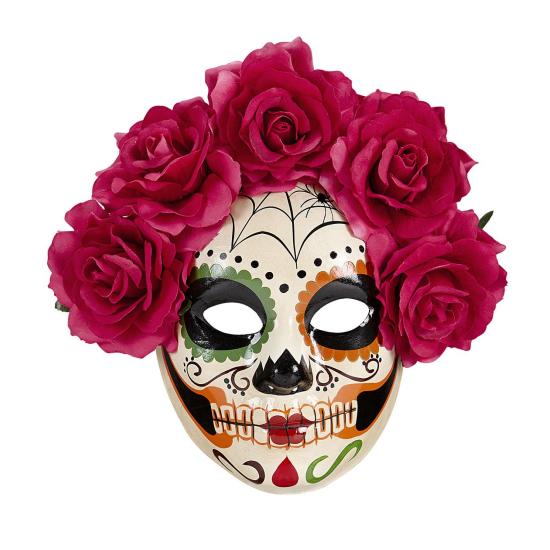 Máscara do Dia de Los Muertos decorada com rosas roxas Máscara do Dia de Los Muertos decorada com rosas roxas