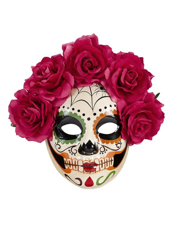 Máscara do Dia de Los Muertos decorada com rosas roxas