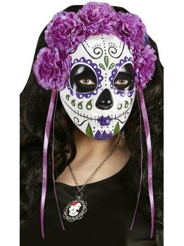 Máscara do Dia de Los Muertos decorada com rosas roxas