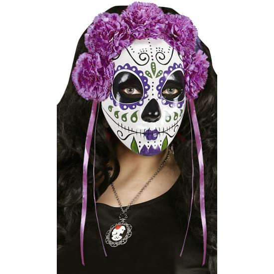 Máscara do Dia de Los Muertos decorada com rosas roxas Máscara do Dia de Los Muertos decorada com rosas roxas