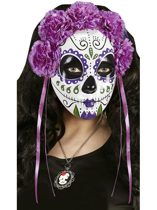 Máscara do Dia de Los Muertos decorada com rosas roxas