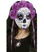 Máscara do Dia de Los Muertos decorada com rosas roxas