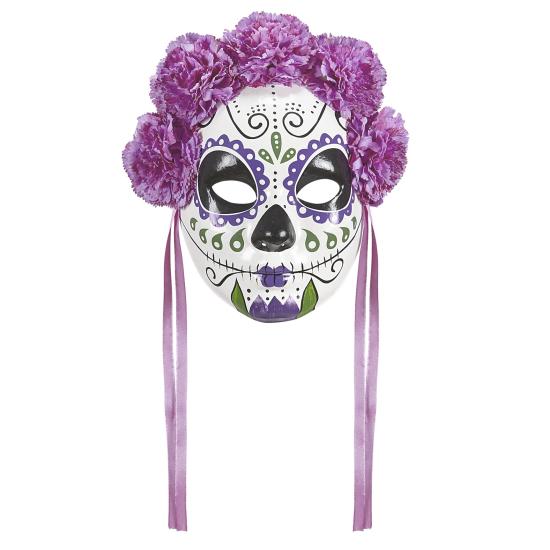 Máscara do Dia de Los Muertos decorada com rosas roxas Máscara do Dia de Los Muertos decorada com rosas roxas