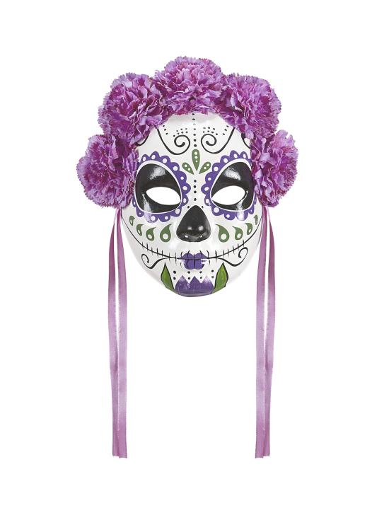 Máscara do Dia de Los Muertos decorada com rosas roxas