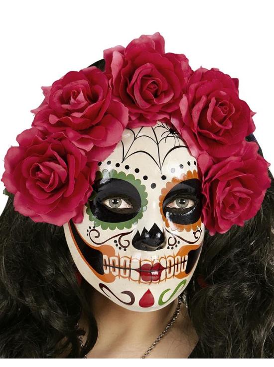 Máscara do Dia de Los Muertos decorada com rosas vermelhas