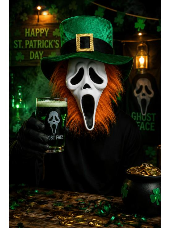Máscara do Ghost Face® para o Dia de São Patrício com cabelo laranja e chapéu de duende
