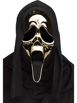 Máscara GhostFace Dourada Cromada com Capa – PVC Cromado Rígido para Adultos