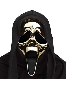 Máscara GhostFace Dourada Cromada com Capa – PVC Cromado Rígido para Adultos