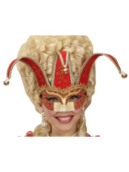Máscara veneziana vermelha decorada com glitter dourado