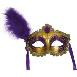 Máscara veneziana roxa com penas para fantasia | Máscara de Carnaval para adultos