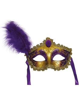 Máscara veneziana roxa com penas para fantasia | Máscara de Carnaval para adultos