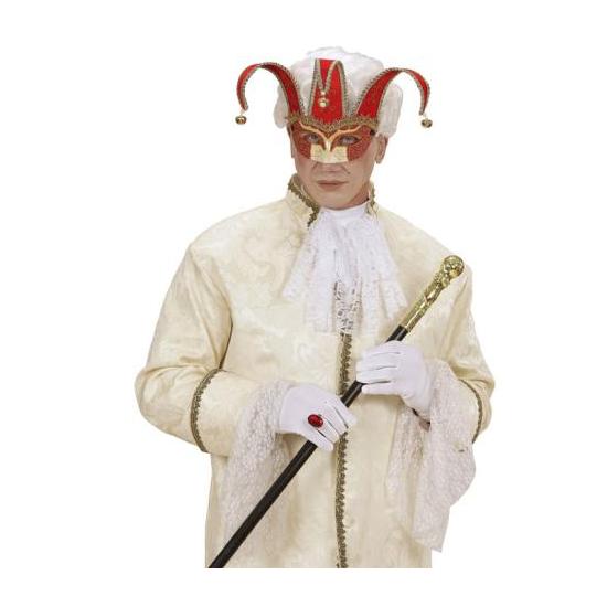 Máscara veneziana vermelha decorada com glitter dourado