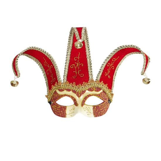 Máscara veneziana vermelha decorada com glitter dourado