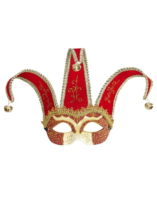 Máscara veneziana vermelha decorada com glitter dourado