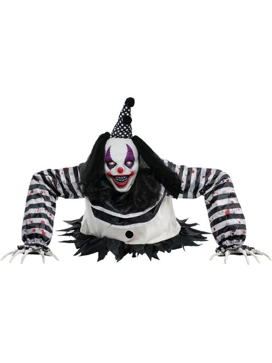 Boneco de palhaço assustador de Halloween de 105 cm com luz, som e movimento.