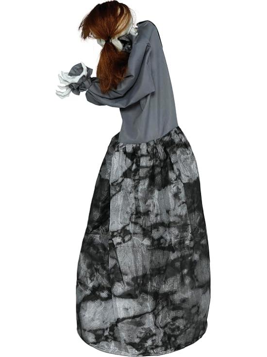 Figura assustadora de mulher esqueleto com luz, som e movimento, 120 cm